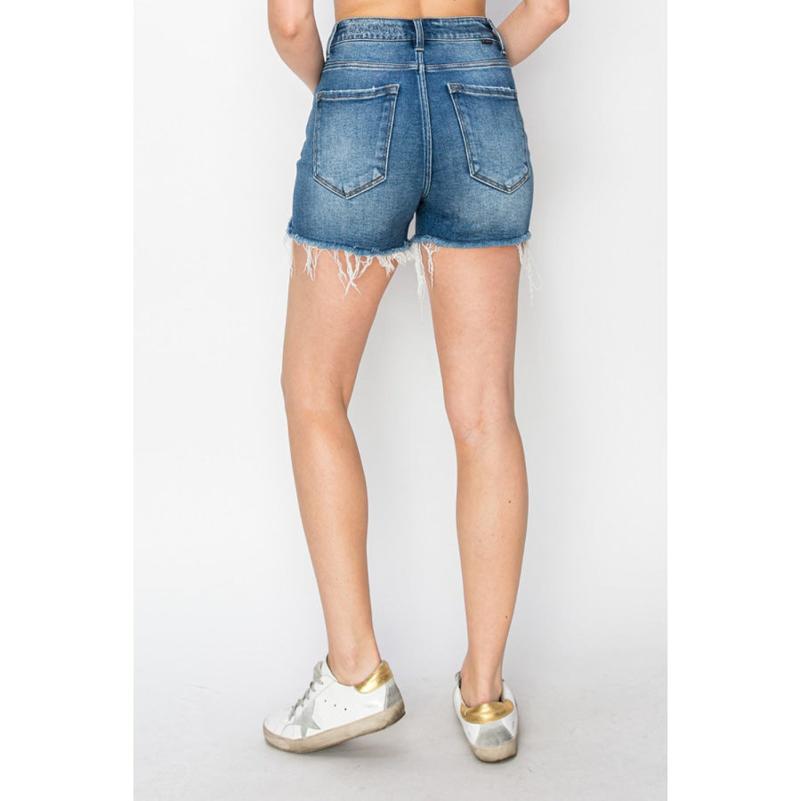 RISEN High Rise Raw Hem Distressed Denim Shorts Apparel and Accessories