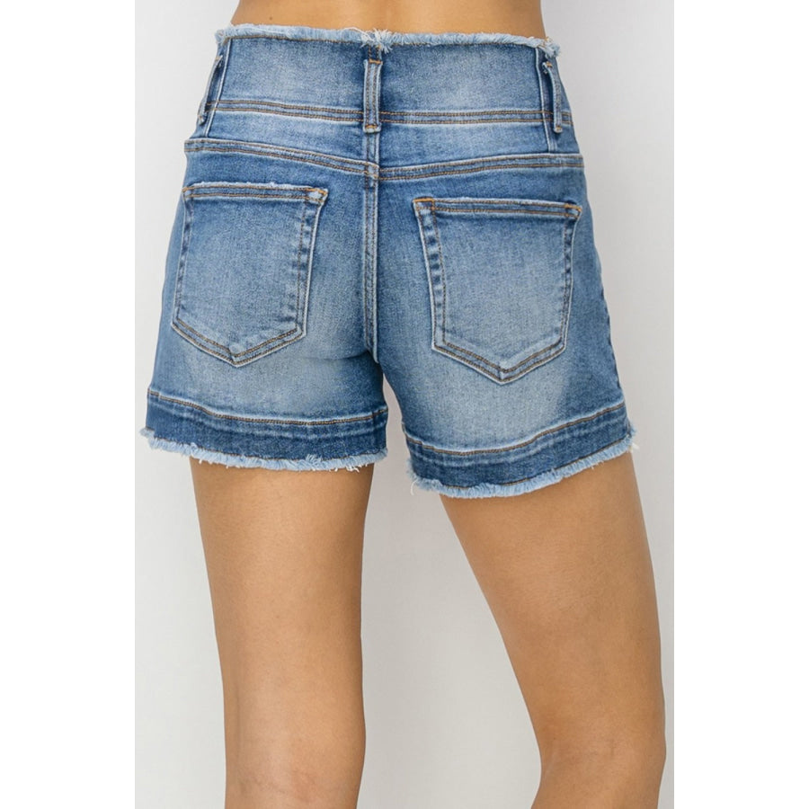 RISEN High Rise Seam Detailed Raw Edge Denim Shorts Apparel and Accessories