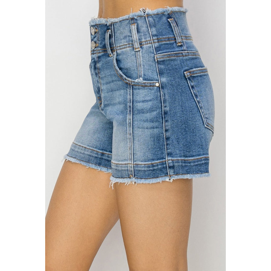 RISEN High Rise Seam Detailed Raw Edge Denim Shorts Apparel and Accessories