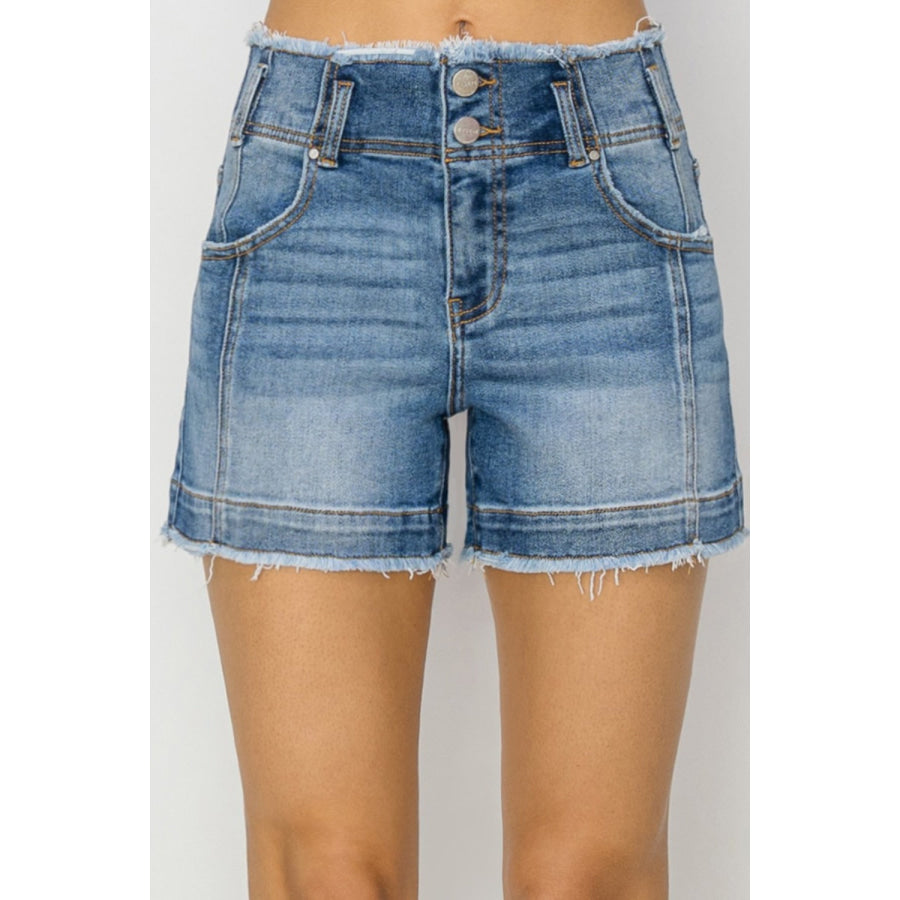 RISEN High Rise Seam Detailed Raw Edge Denim Shorts Apparel and Accessories