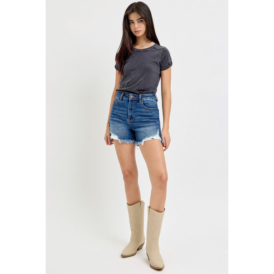 RISEN High Rise Side Step Hem Denim Shorts Apparel and Accessories