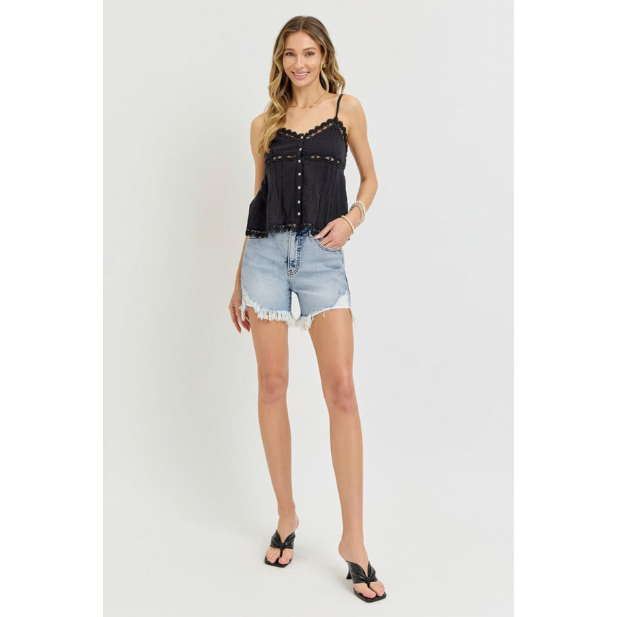 RISEN High Rise Side Step Hem Denim Shorts Apparel and Accessories