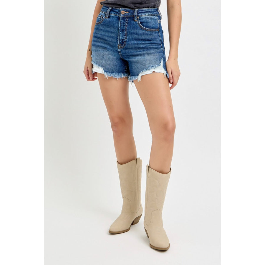 RISEN High Rise Side Step Hem Denim Shorts Apparel and Accessories