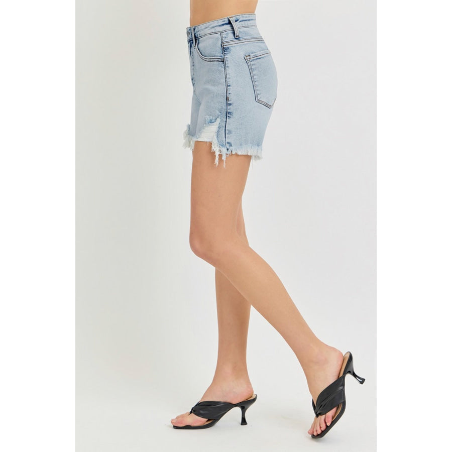 RISEN High Rise Side Step Hem Denim Shorts Apparel and Accessories