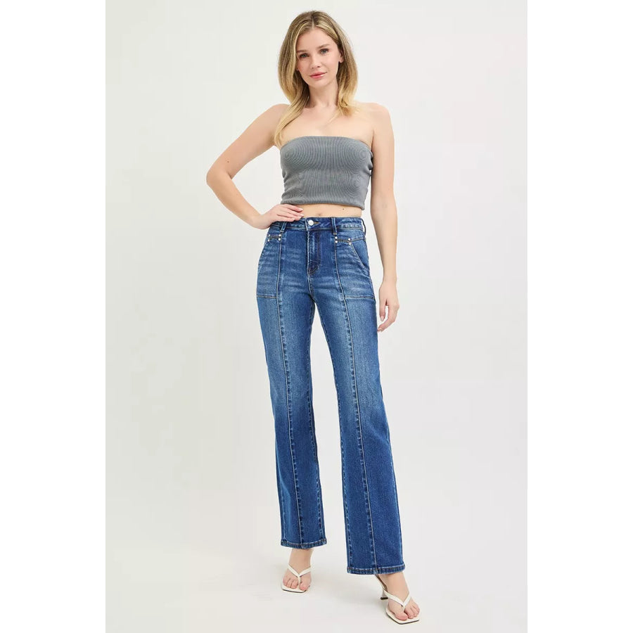 RISEN High Rise Straight Patch Pocket Seamed Jeans Apparel and Accessories