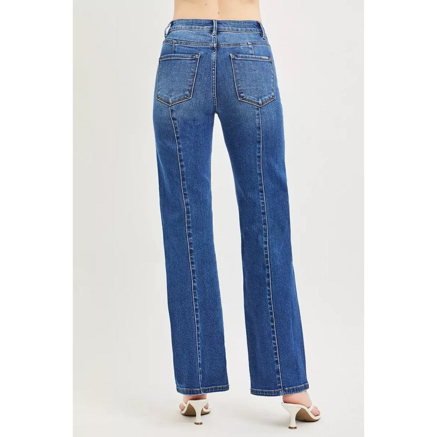 RISEN High Rise Straight Patch Pocket Seamed Jeans Apparel and Accessories