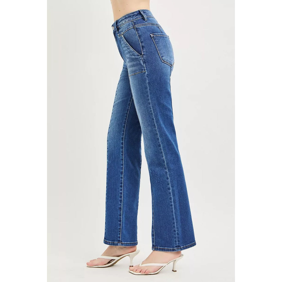 RISEN High Rise Straight Patch Pocket Seamed Jeans Apparel and Accessories