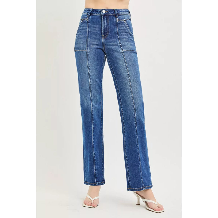 RISEN High Rise Straight Patch Pocket Seamed Jeans Apparel and Accessories