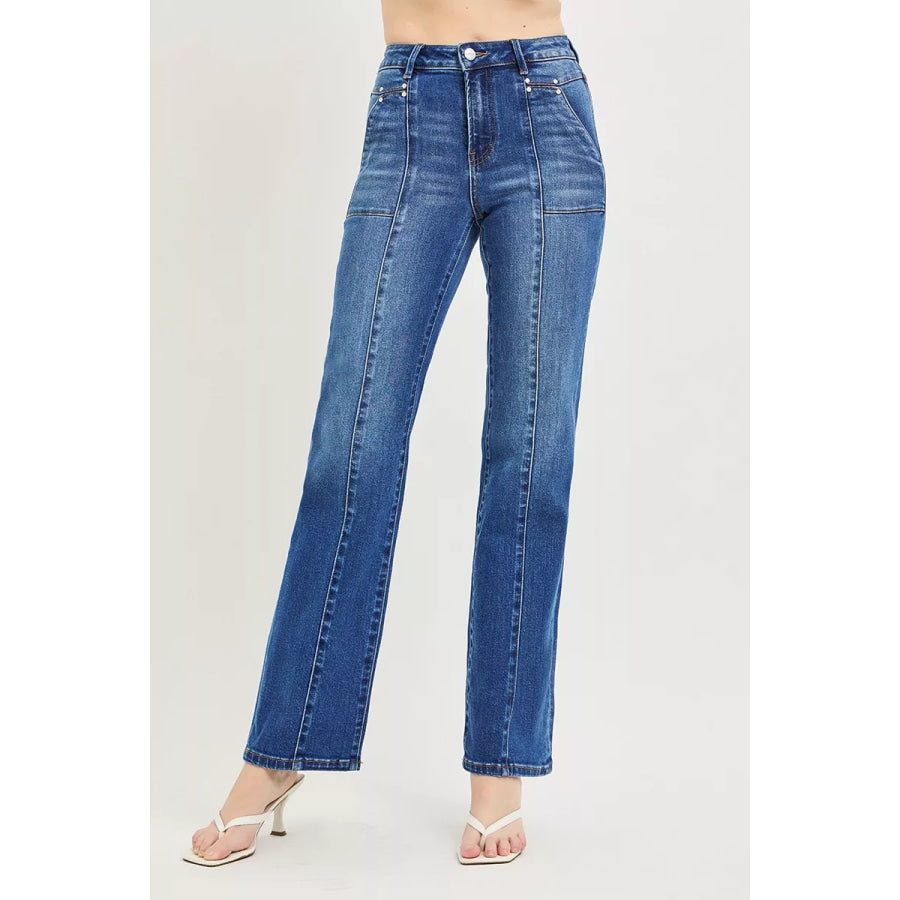 RISEN High Rise Straight Patch Pocket Seamed Jeans Dark / Apparel and Accessories