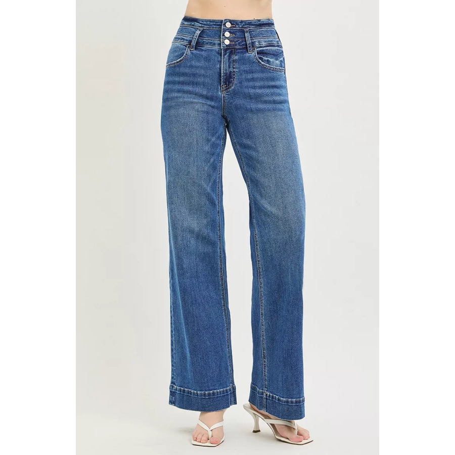 RISEN High Rise Wide Leg Wide Band Detail Jeans Apparel and Accessories