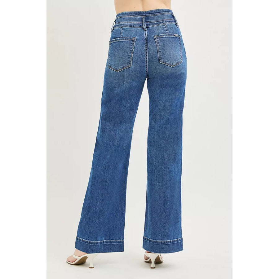 RISEN High Rise Wide Leg Wide Band Detail Jeans Apparel and Accessories