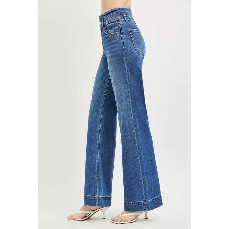 RISEN High Rise Wide Leg Wide Band Detail Jeans Apparel and Accessories