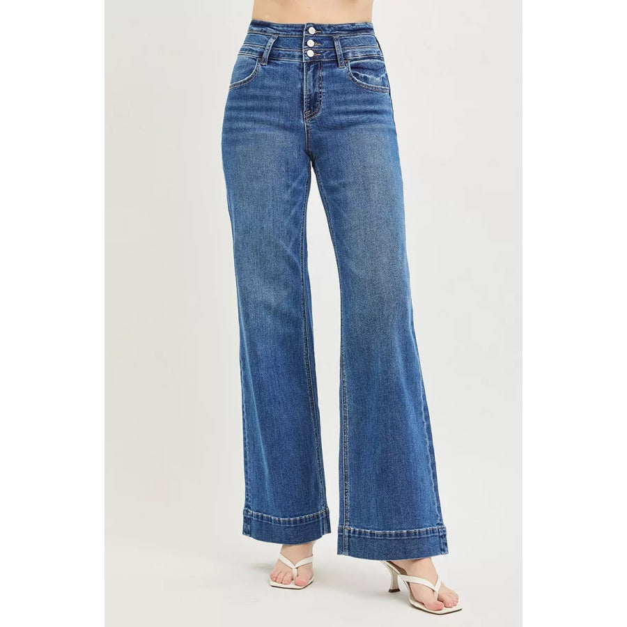 RISEN High Rise Wide Leg Wide Band Detail Jeans Apparel and Accessories