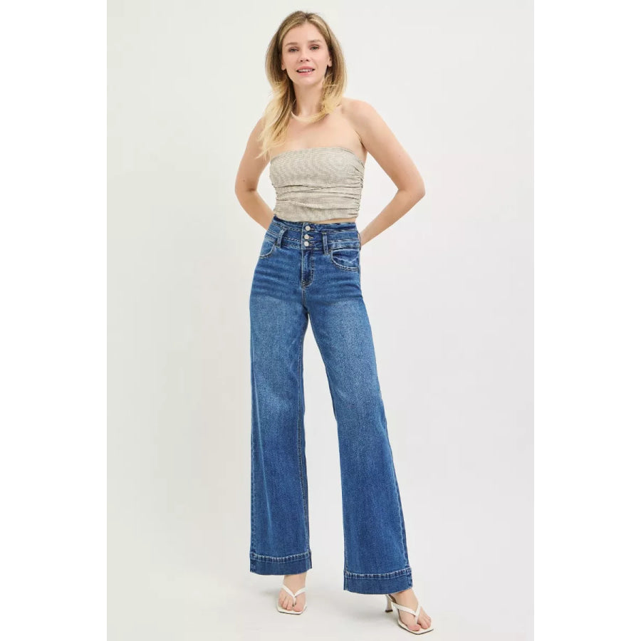 RISEN High Rise Wide Leg Wide Band Detail Jeans Apparel and Accessories