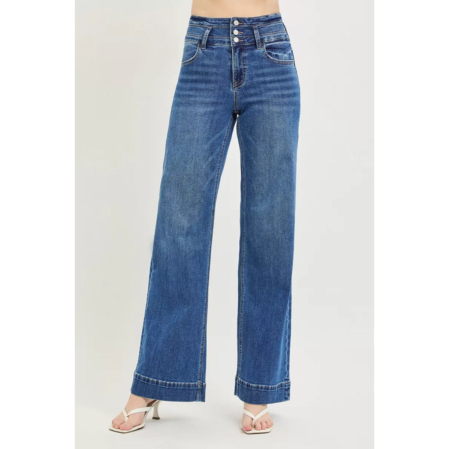 RISEN High Rise Wide Leg Wide Band Detail Jeans Dark / Apparel and Accessories