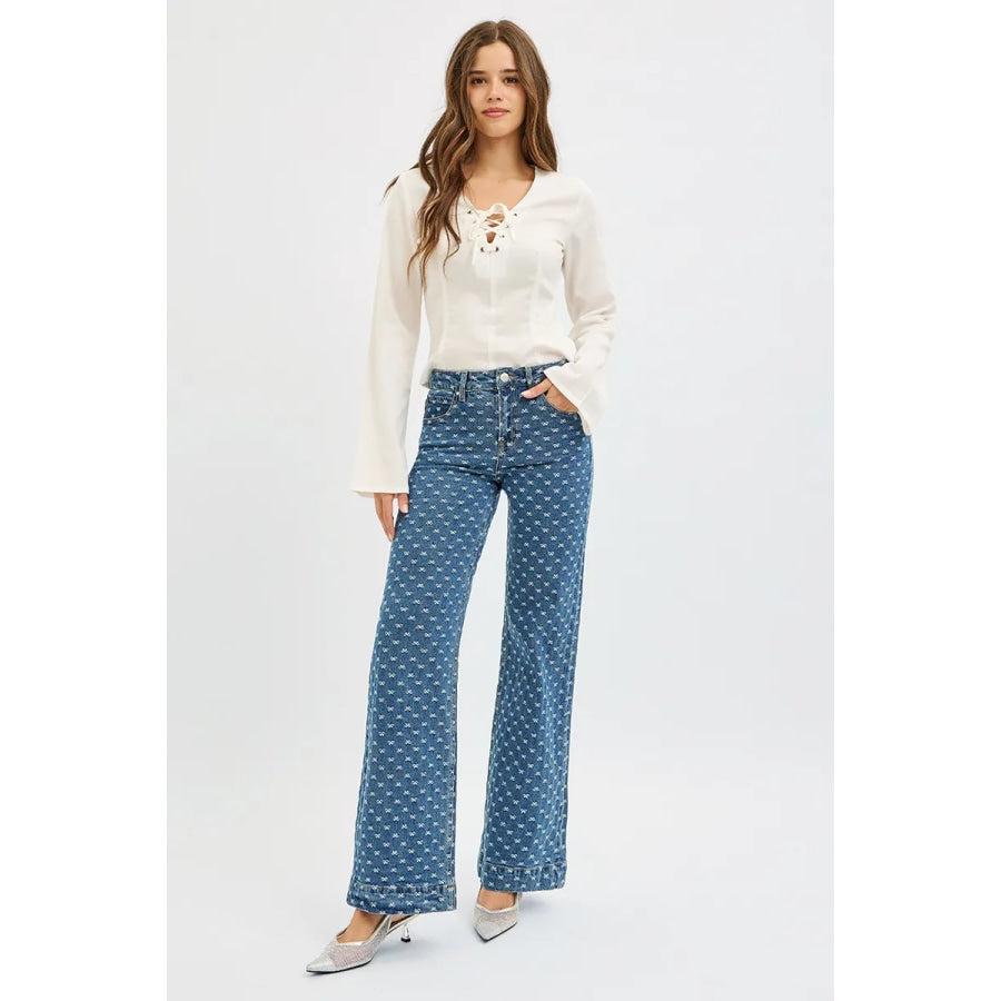 RISEN High Rise Wide Leg Bow Embroidered Jeans Apparel and Accessories
