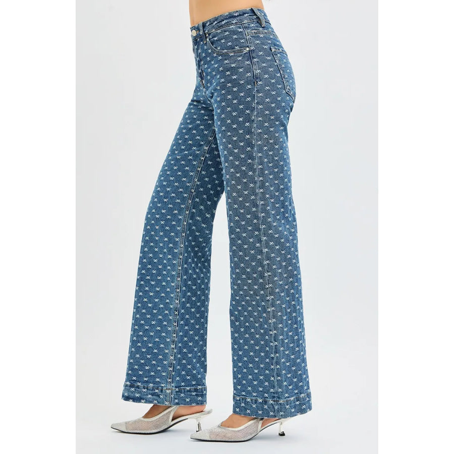 RISEN High Rise Wide Leg Bow Embroidered Jeans Apparel and Accessories