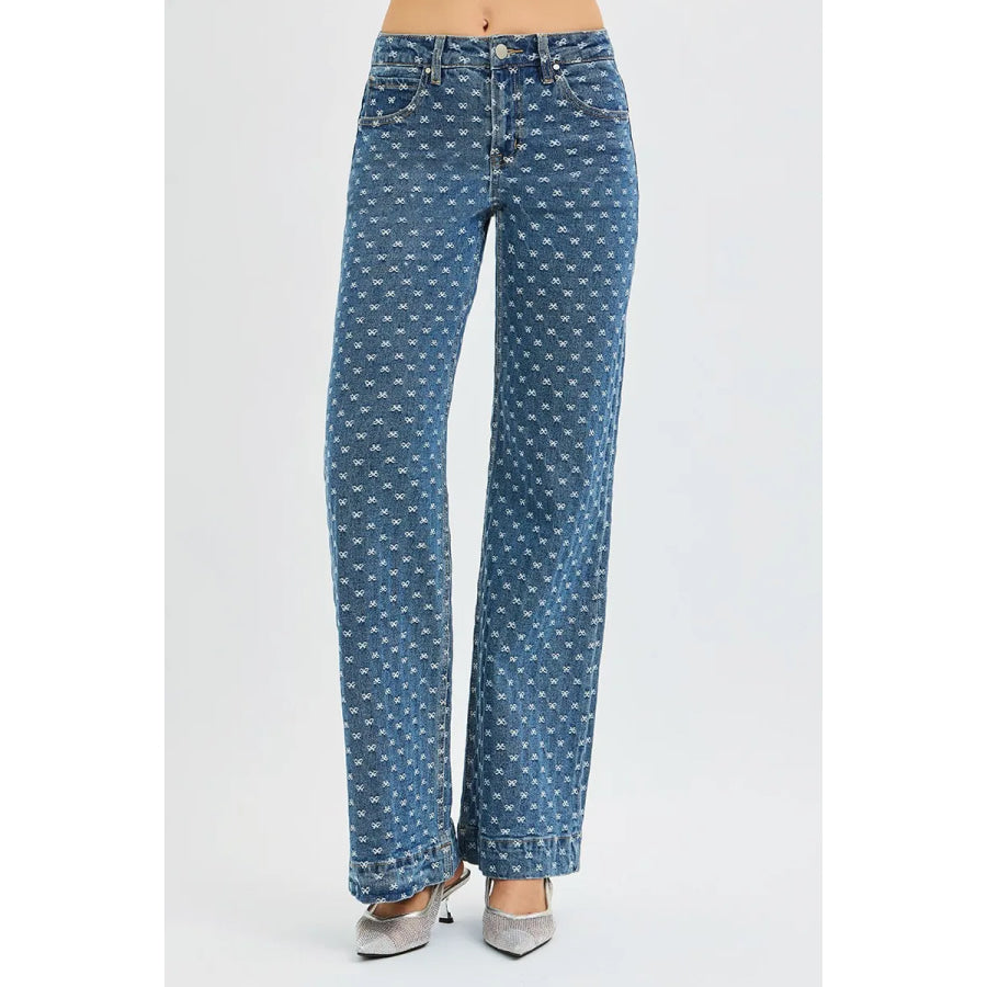 RISEN High Rise Wide Leg Bow Embroidered Jeans DARK / Apparel and Accessories