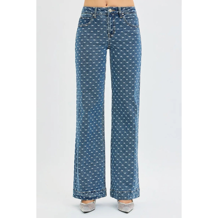 RISEN High Rise Wide Leg Bow Embroidered Jeans Apparel and Accessories