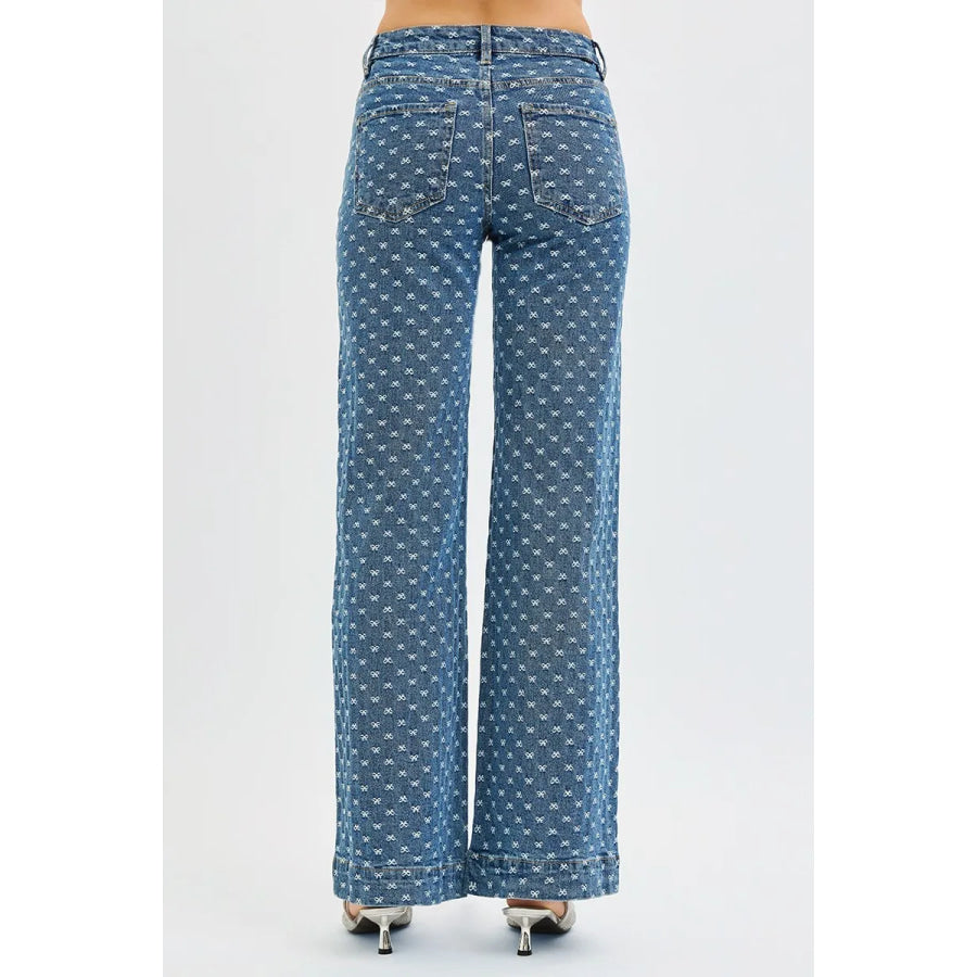 RISEN High Rise Wide Leg Bow Embroidered Jeans Apparel and Accessories