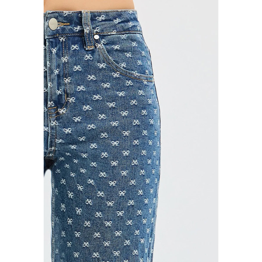 RISEN High Rise Wide Leg Bow Embroidered Jeans Apparel and Accessories