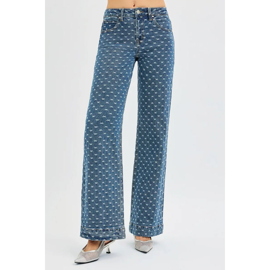 RISEN High Rise Wide Leg Bow Embroidered Jeans DARK / Apparel and Accessories