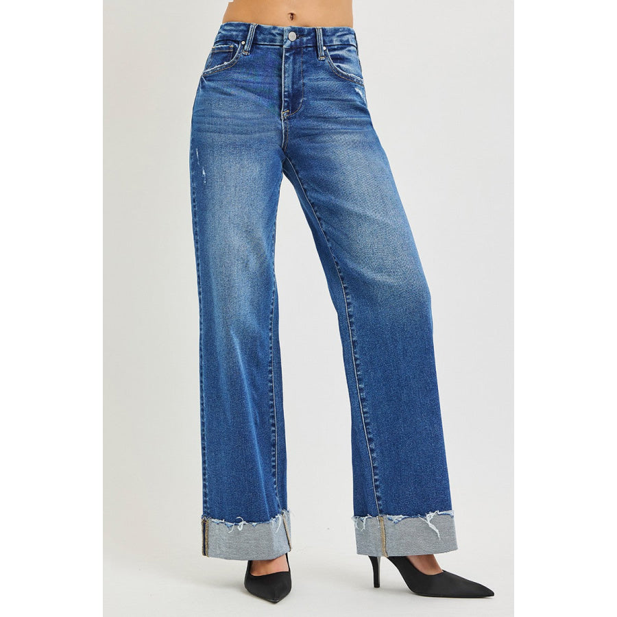 RISEN High Rise Wide Leg Jeans With Cuffed Hem Apparel and Accessories