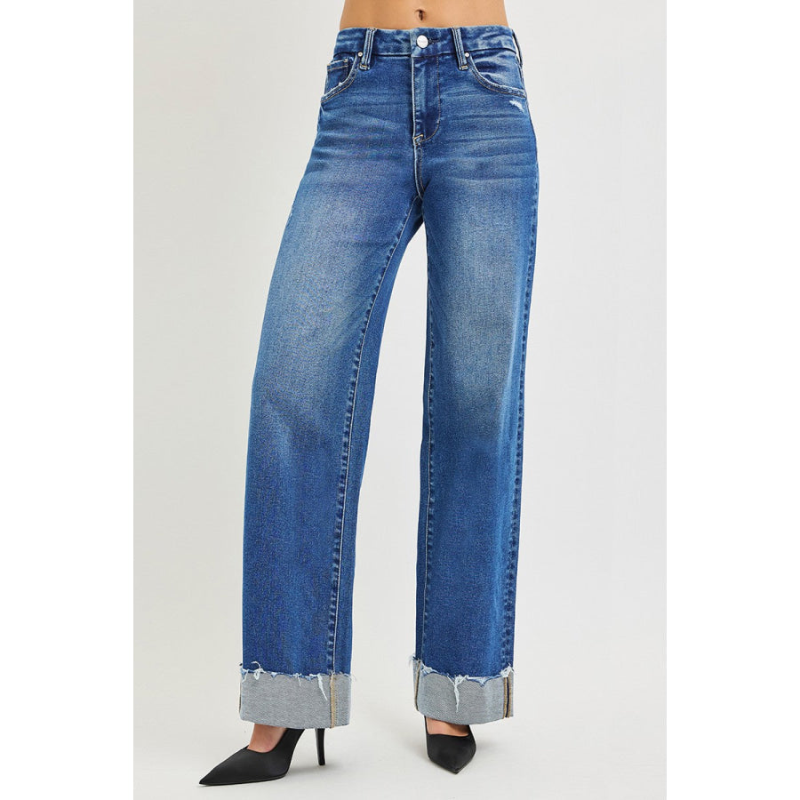 RISEN High Rise Wide Leg Jeans With Cuffed Hem Apparel and Accessories