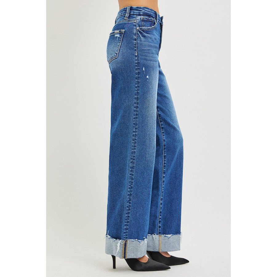 RISEN High Rise Wide Leg Jeans With Cuffed Hem Apparel and Accessories
