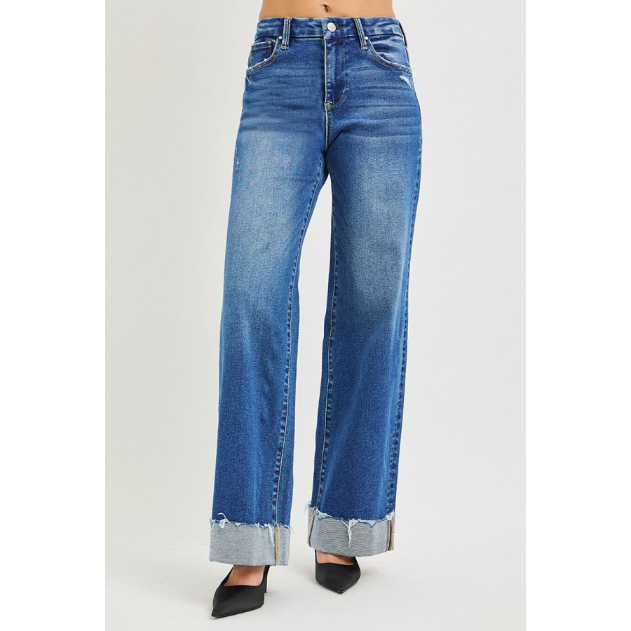 RISEN High Rise Wide Leg Jeans With Cuffed Hem MEDIUM / Apparel and Accessories