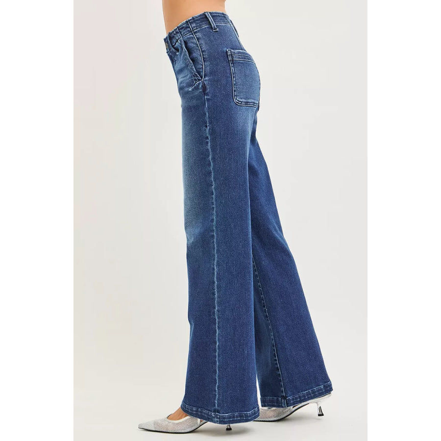 RISEN High Rise Wide Leg Slanted Pocket Jeans Apparel and Accessories
