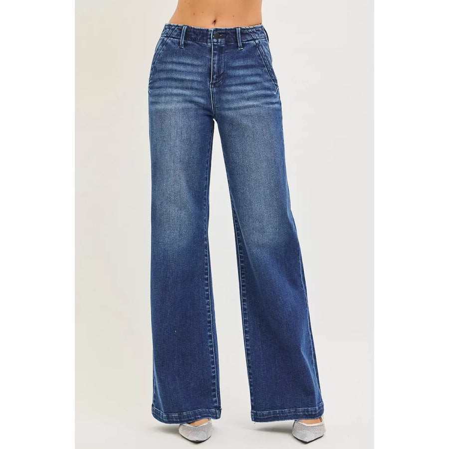 RISEN High Rise Wide Leg Slanted Pocket Jeans Apparel and Accessories