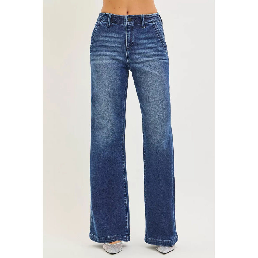 RISEN High Rise Wide Leg Slanted Pocket Jeans Apparel and Accessories