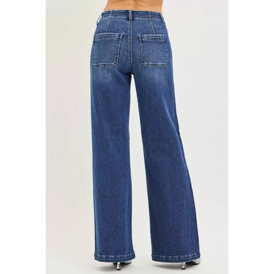 RISEN High Rise Wide Leg Slanted Pocket Jeans Apparel and Accessories