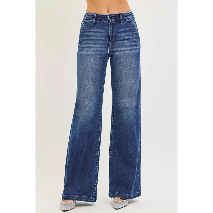 RISEN High Rise Wide Leg Slanted Pocket Jeans DARK / Apparel and Accessories