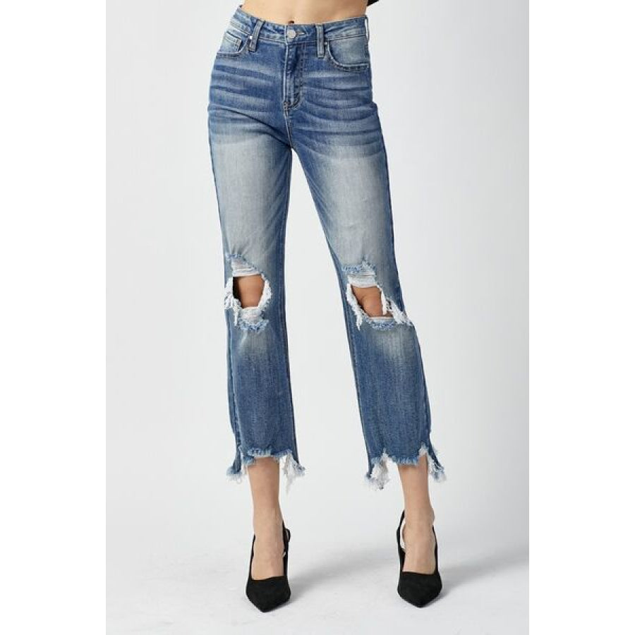 RISEN High Waist Distressed Frayed Hem Cropped Straight Jeans MEDIUM / Apparel and Accessories