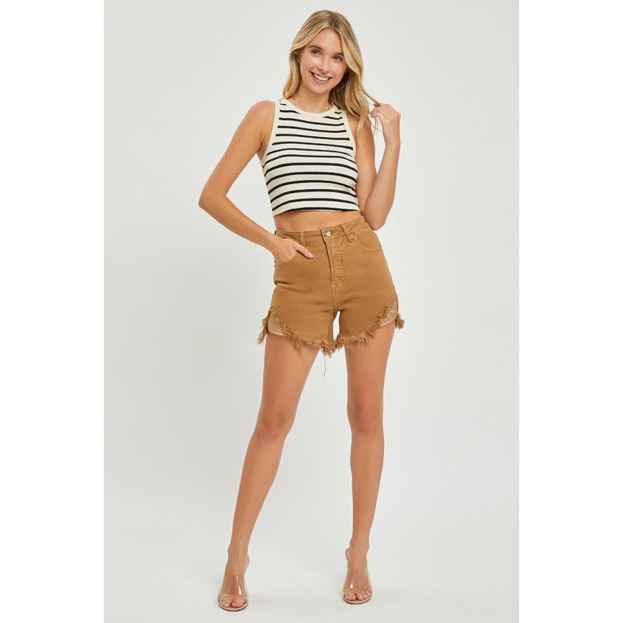 RISEN High Waist Frayed Hem Denim Shorts Apparel and Accessories