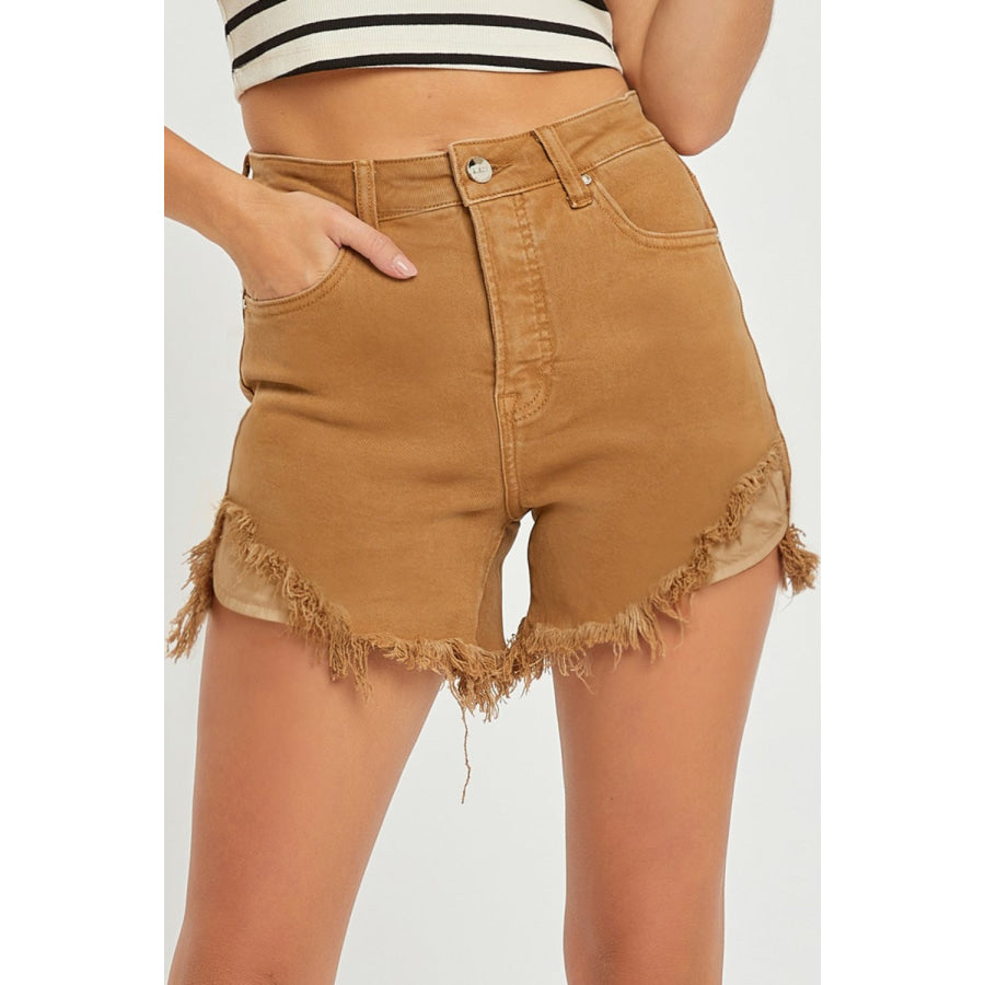 RISEN High Waist Frayed Hem Denim Shorts Mocha / S Apparel and Accessories