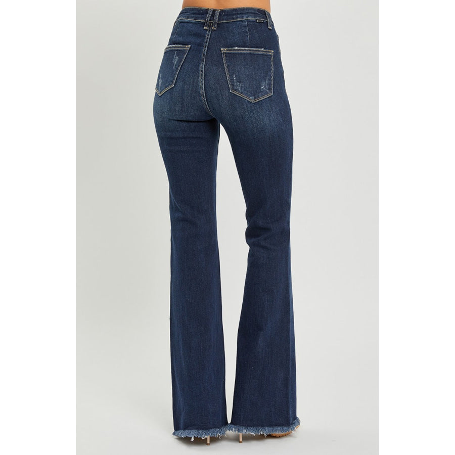 RISEN High Waist Raw Hem Flare Jeans DARK / Apparel and Accessories