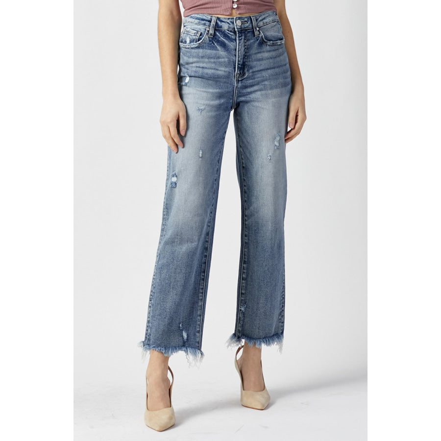 RISEN High Waist Raw Hem Straight Jeans LIGHT / Apparel and Accessories