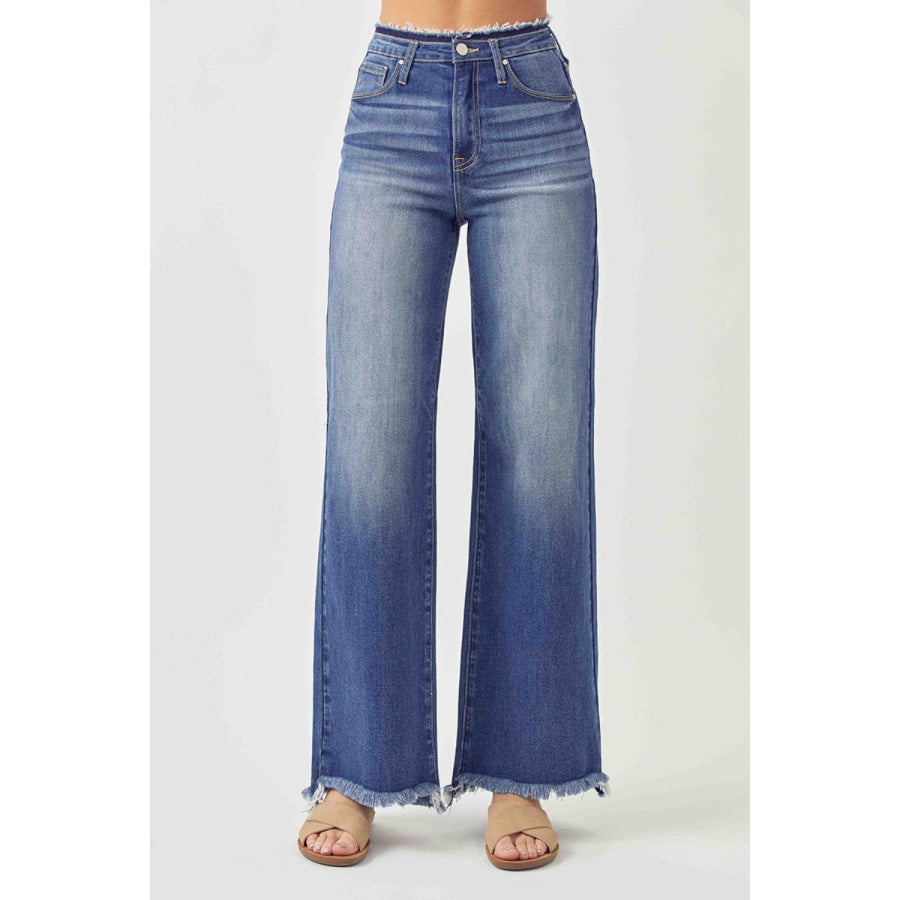 RISEN High Waist Raw Hem Wide Leg Jeans Apparel and Accessories