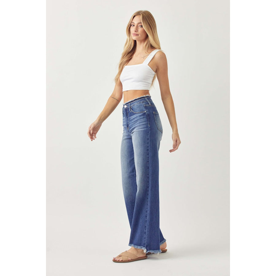 RISEN High Waist Raw Hem Wide Leg Jeans Apparel and Accessories