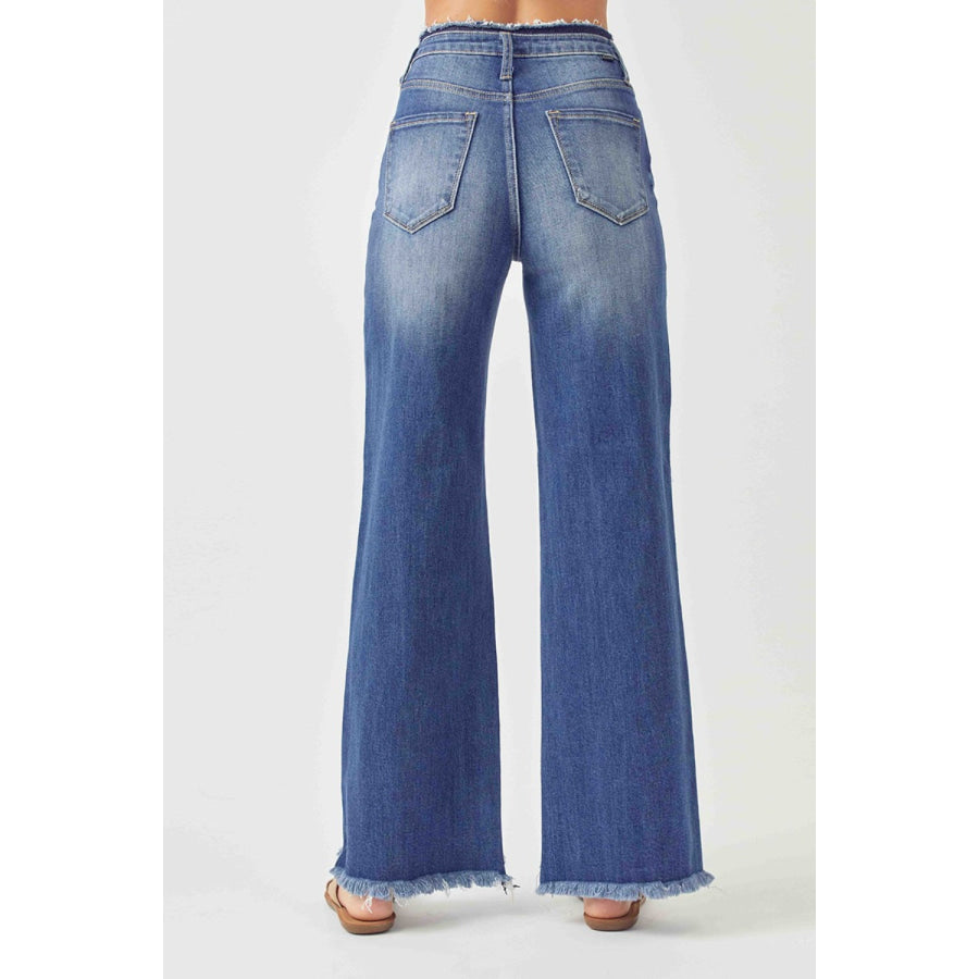 RISEN High Waist Raw Hem Wide Leg Jeans Apparel and Accessories