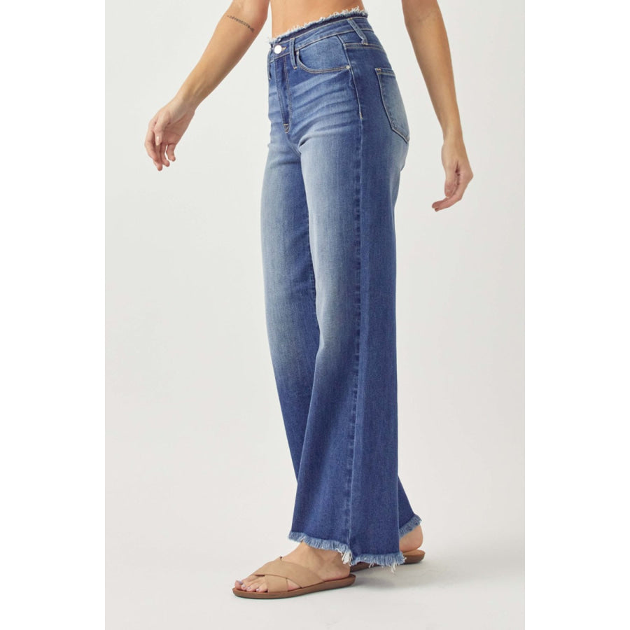 RISEN High Waist Raw Hem Wide Leg Jeans Apparel and Accessories