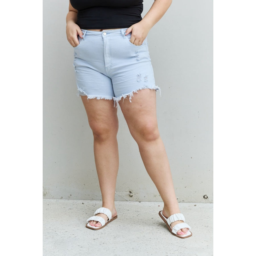 RISEN Katie Full Size High Waisted Distressed Shorts in Ice Blue Light / S