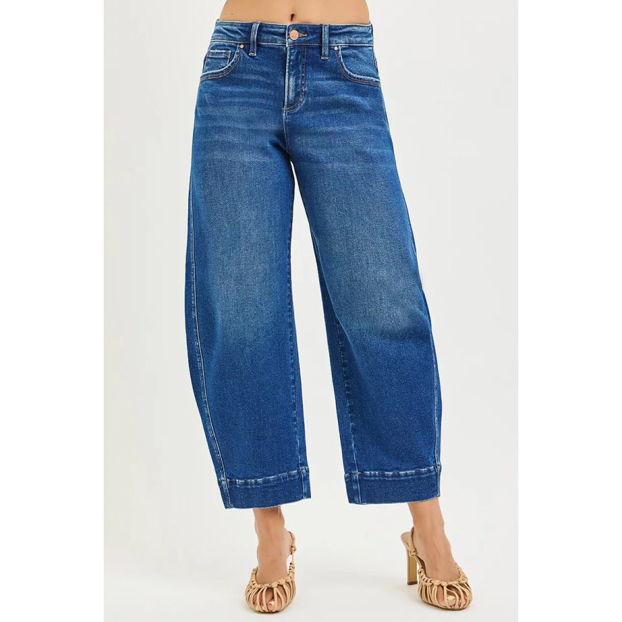 RISEN Mid Rise Crop Barrel Jeans DARK / Apparel and Accessories