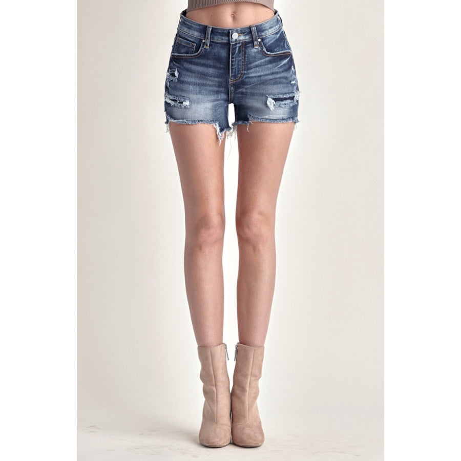 RISEN Mid Rise Raw Hem Denim Shorts Apparel and Accessories