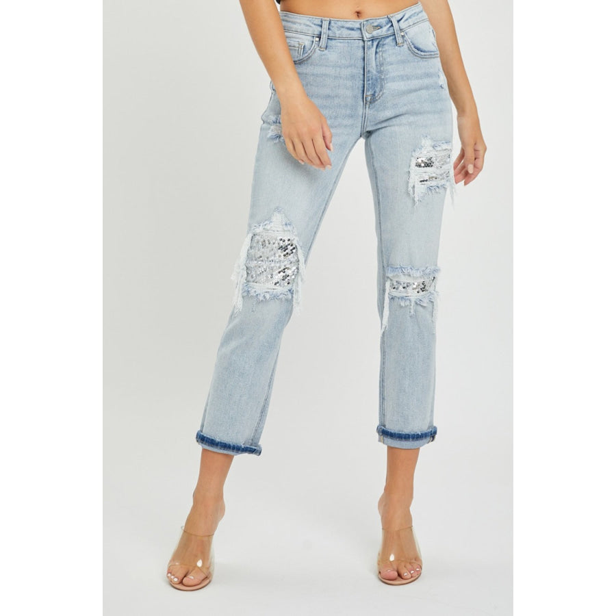 RISEN Mid-Rise Sequin Patched Jeans Light / Apparel and Accessories
