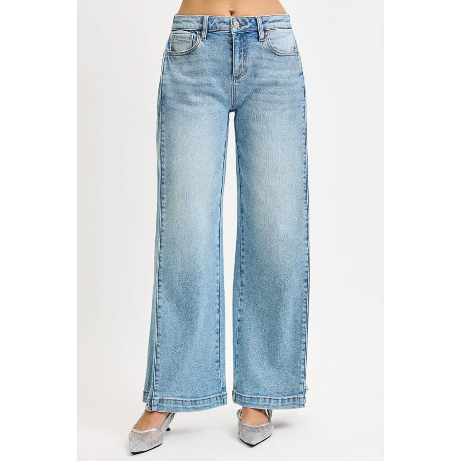 RISEN Mid Rise Wide Barrel Transferable Leg Snap Jeans Apparel and Accessories