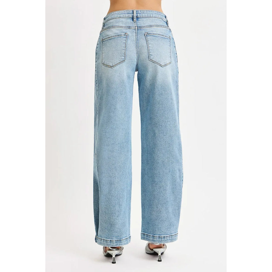 RISEN Mid Rise Wide Barrel Transferable Leg Snap Jeans Apparel and Accessories